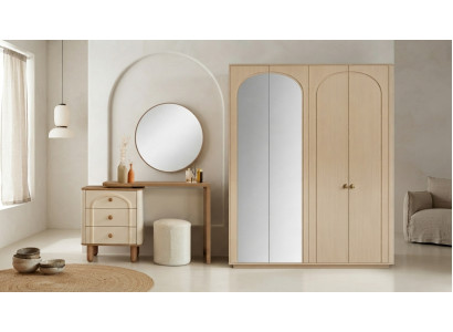 Kleiderschrank Schminktisch Set Beige Modern Luxus Spiegel Hocker