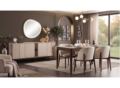 Esszimmer Set Beige Modern Luxus Esstisch Stuehle Sideboard Spiegel