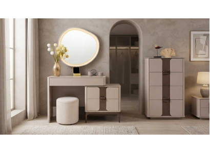 Schlafzimmer Set Beige Modern Luxus Kommode Spiegel Hocker Schrank