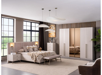 Schlafzimmer Set Bettanlage Kleiderschrank Bettbank Modern Beige Fein