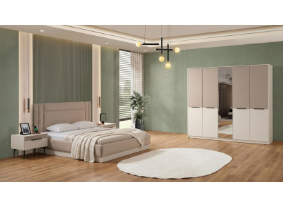 Beiges Schlafzimmer-Set Bett Kleiderschrank 2 Nachttische Designermöbel