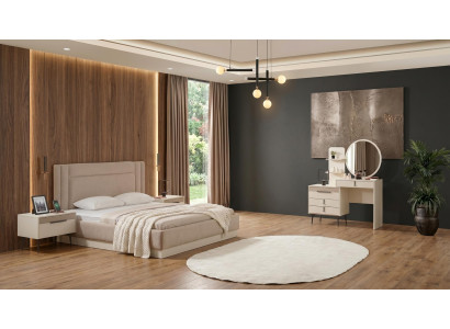 Beiges Schlafzimmer-Set großes Bett Frisiertisch 2 Nachttische modern