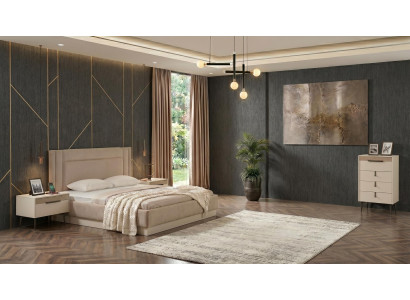 Luxuriöses beiges Schlafzimmer-Set Bett Kommode 2 Nachttische Designermöbel
