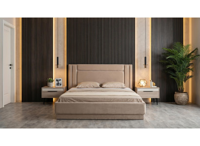 Beiges Schlafzimmer-Set großes Bett 2 Nachttische modern hochwertige Möbel