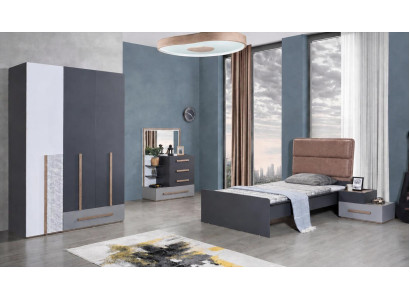Jugendbett Einzelbett Grau Braun Holz Polsterkopfteil Modern