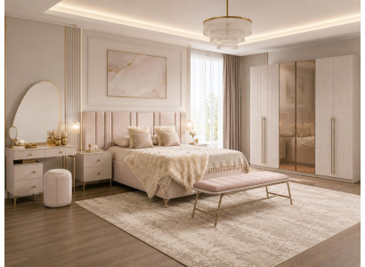 Schlafzimmer Set Bettanlage Schrank Bettbank Schminkplatz Modern Beige