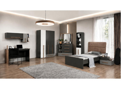Komfort Einzelbett Jugendbett Grau Braun Holz Polsterkopfteil