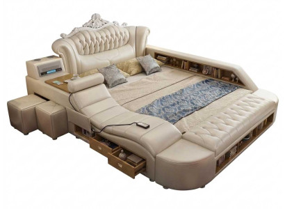 Elegantes Premium Bett Beige mit Chesterfield Kopfteil und Komfort Funktionen