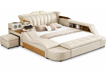 Komfortables Doppelbett Beige mit Massagefunktion und cleverem Stauraumsystem