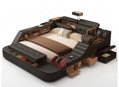Premium Designerbett Schwarz mit Beamer Ablagen und moderner Ausstattung