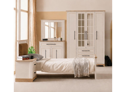 Einzelbett Holzbett Beige Jugendbett Modern Landhaus Kopfteil Komfort