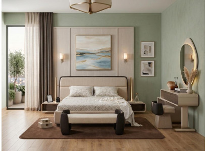 Schlafzimmer Set Bettanlage Schminkplatz Bank Modern Beige