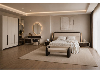 Schlafzimmer Set Bettanlage Bank Schminkplatz Schrank Beige