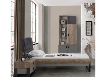 Bett Einzelbett Holzbett Polsterkopfteil Braun Grau Jugendbett Set