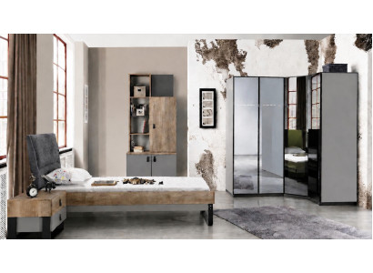 Jugendzimmer Set Bett Nachttisch Eckschrank Bücherregal Grau