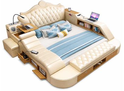 Premium Bett Beige modern mit Tisch Stauraum und luxuriösem Schlafkomfort