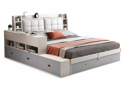 Großes Designerbett Weiß modern mit integriertem Stauraum und Ablagen