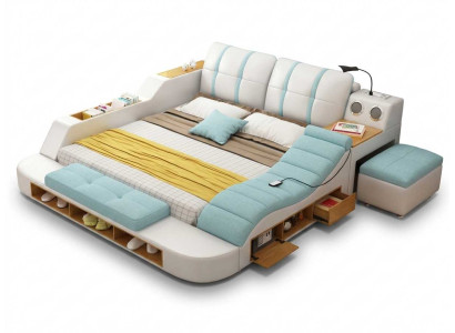 Modernes weißes Bett mit blauem Akzent für Schlafzimmer und Komfort Design