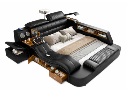 Schwarzes Premium Smart Bett mit Beamer Ablagen und modernem Komfort Design