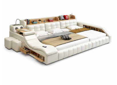 Exklusives XXL Bett Weiß modern mit Kopfteil und praktischen Funktionen