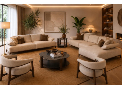 Elegante Beige Wohnzimmer Polstergarnitur Ecksofa 2x Sessel 3-Sitzer