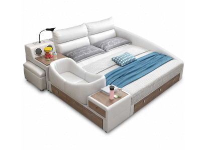 Modernes weißes Multifunktionsbett mit Holzdetails Ablagen und Stauraum Design