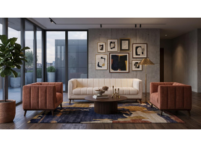 Beige-braunes Wohnzimmer-Set Sofas Stoffsofa zwei Sessel modern