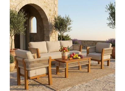 Gartenlounge Set 3-Sitzer sofa Sessel Beige Kissen Couchtisch Holz