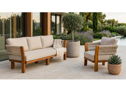 Gartenlounge Set 3-Sitzer Sofa Sessel Beige Kissen Modern Komfort Neu