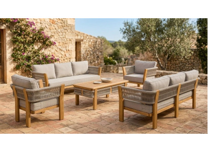 Gartenlounge Set 3-Sitzer sofa Sessel Beige Modern Couchtisch Holz