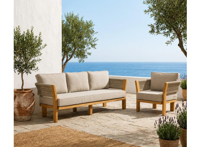 Gartenlounge Set 3-Sitzer Sofa Sessel Beige Kissen Modern Elegant Neu