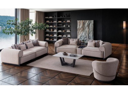Beiges Modernes 3-Sitzer Sofa Set mit 2 Sofas und Sessel Holzrahmen