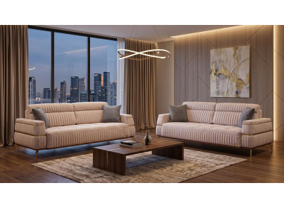 Beiges Wohnzimmer-Set 2+2-Sitzer-Sofas  Stoffsofas goldene Füße Designer-Sofas