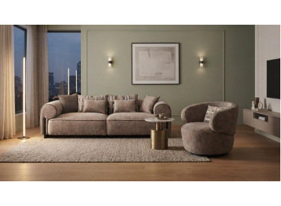Beiges Modernes 3-Sitzer Sofa mit Sessel Wohnzimmer Stoff Couch