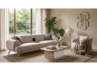Beiges Wohnzimmer-Set Sofas Stoffsofas mit Multimedia-Modul