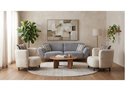 Graues Sofa Set 3-Sitzer mit 2 Sesseln Modern Stoff Holz Wohnzimmer
