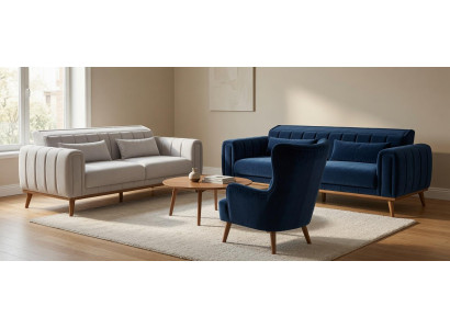 Wohnlandschaft 3+3+1 Sofa Set Stoffbezug Modern Wohnzimmer Holzfüße