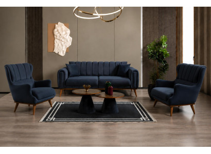 Blaues Wohnzimmer Set Sofa Sessel 3-teilig Stoff Polsterung Design