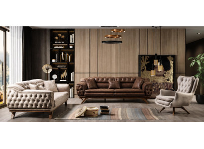 Große Chesterfield Sofagarnitur Beige 3+3+1 Sitzer Leder Holz Modern