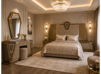 Stilvolles Schlafzimmer-Set mit Bett, Schminktisch, Spiegel & Hocker