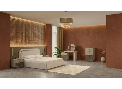 Beiges Schlafzimmer-Set Bett Kommode Frisiertisch Nachttische modern