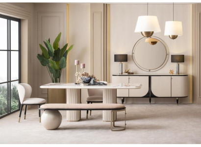 Wohnzimmer Set Esstisch Stühle Bank Konsole mit Spiegel Modern