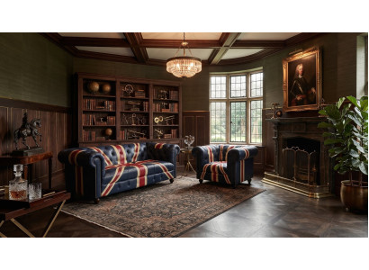 Couchgarnitur Klassischer Chesterfield Union Jack Leder Heftung Knöpfe