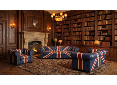 Chesterfield Sitzgarnitur 3-Sitzer Sofa Sessel Union Jack Dunkelblau