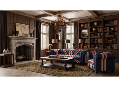 Chesterfield 3-Sitzer Sofa Sessel Union Jack Dunkelblau Leder British