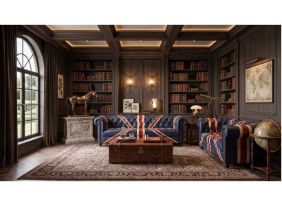 Chesterfield 3-Sitzer Sofa Union Jack Dunkelblau Leder British Vintage