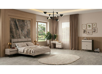 Beiges Schlafzimmer-Set Bett Kommode Frisiertisch Nachttische modern