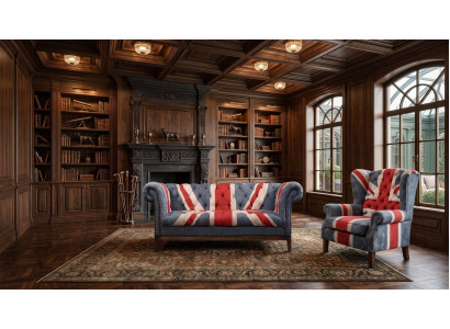 Chesterfield 2-Sitzer Sofa Ohrensessel Union Jack Samt British Vintage