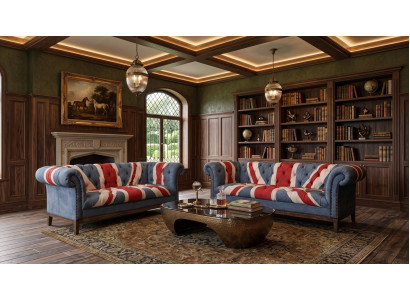 Chesterfield Sofagarnitur 3-Sitzer 2-Sitzer Union Jack Samt Vintage