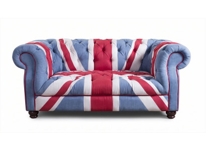 Chesterfield 2-Sitzer Sofa Union Jack Samt British Vintage Blau Rot